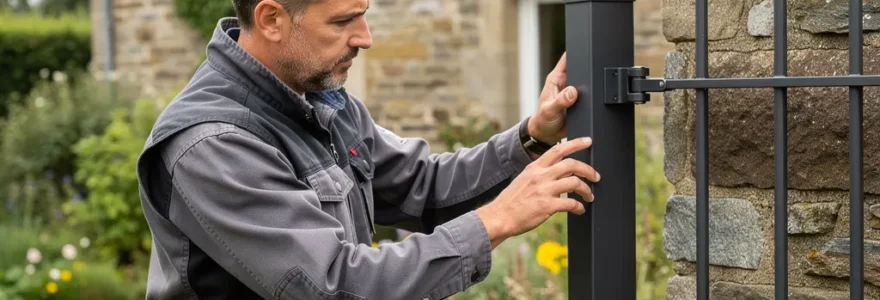 Artisan fabricant inspectant un portail aluminium anthracite installé en Bretagne