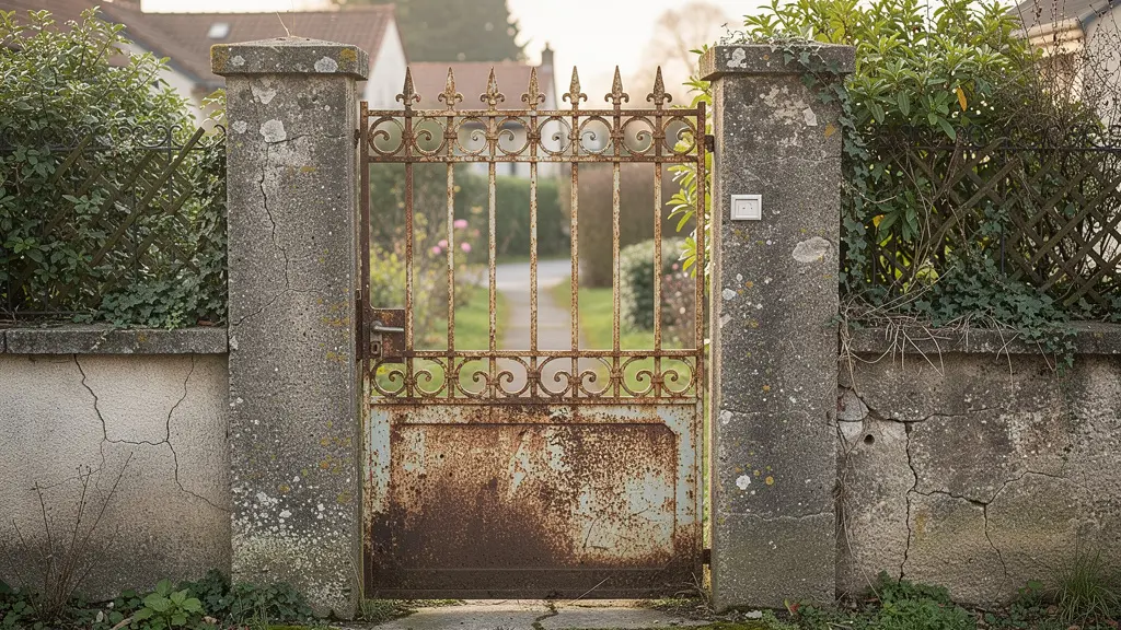 Portail en fer rouillé avec peinture écaillée sur piliers mal alignés nécessitant remplacement