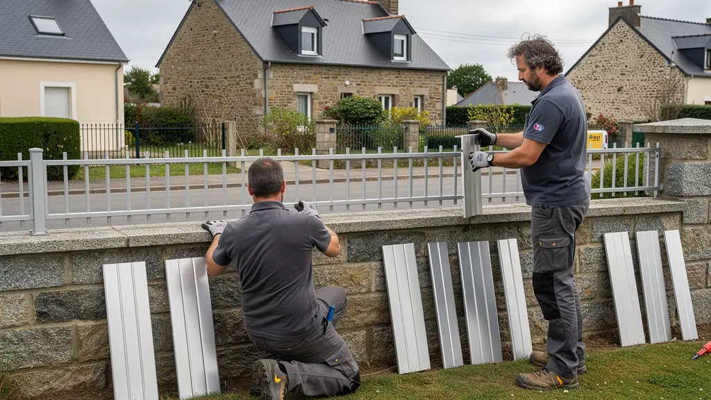 Équipe de poseurs installant panneaux clôture aluminium propriété bretonne