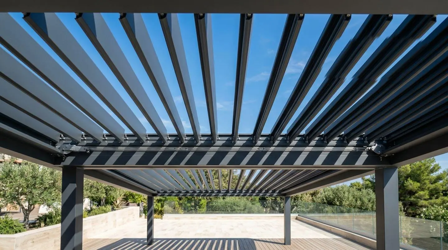 Lames orientables de pergola bioclimatique créant des jeux d'ombre en été