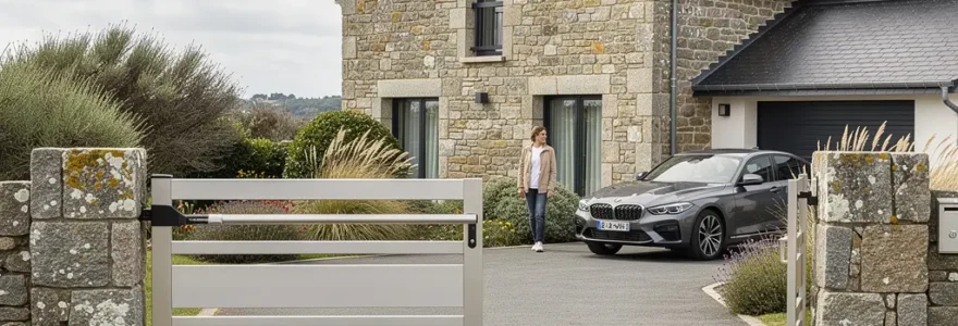 Portail aluminium coulissant motorisé s'ouvrant sur entrée de maison bretonne près de Vannes