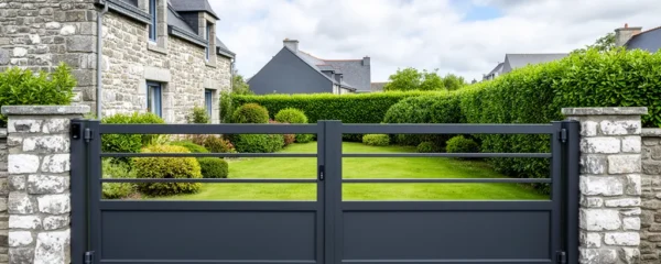 Portail aluminium anthracite installé devant maison bretonne typique du Morbihan