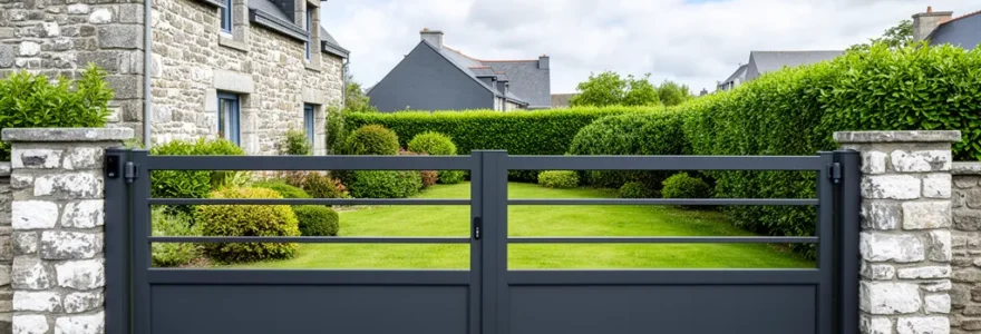 Portail aluminium anthracite installé devant maison bretonne typique du Morbihan