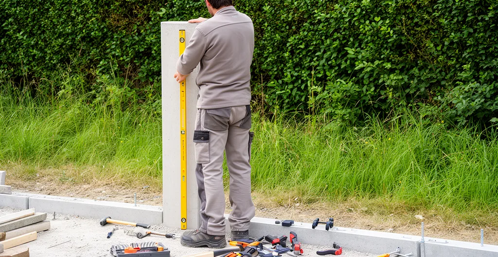 Installateur vérifiant l'alignement d'un pilier de portail sur chantier résidentiel breton