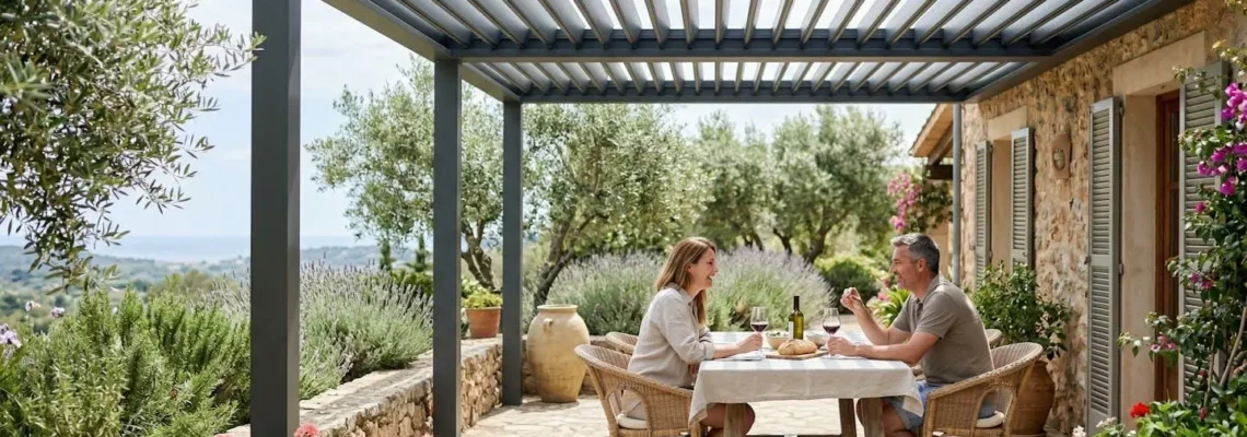Pergola bioclimatique avec lames orientables sur terrasse méditerranéenne en été