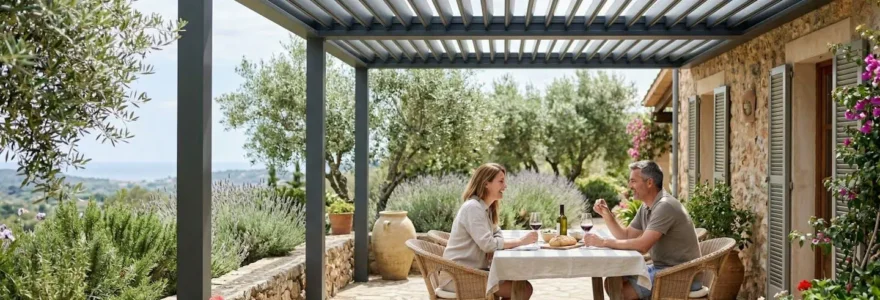 Pergola bioclimatique avec lames orientables sur terrasse méditerranéenne en été
