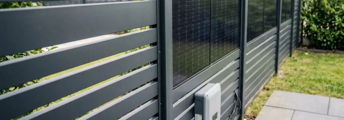 Un couple vu de dos consulte une tablette dans un jardin résidentiel lumineux avec une clôture en aluminium contemporaine en arrière-plan