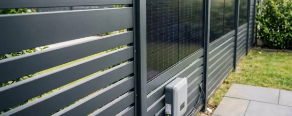 Un couple vu de dos consulte une tablette dans un jardin résidentiel lumineux avec une clôture en aluminium contemporaine en arrière-plan