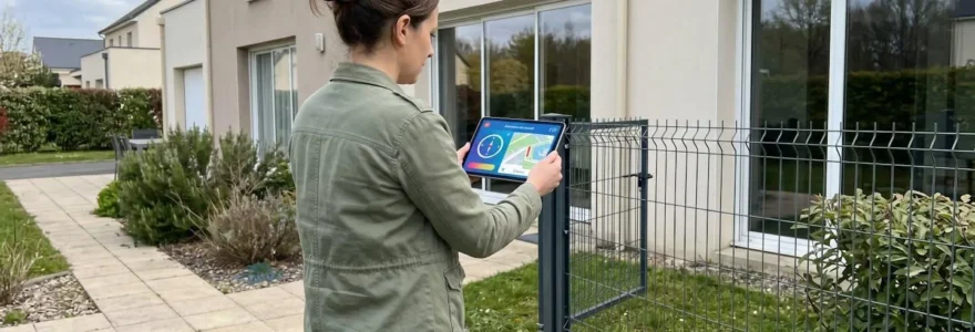 Un couple vu de dos consulte une tablette dans un jardin résidentiel lumineux avec une clôture en aluminium contemporaine en arrière-plan