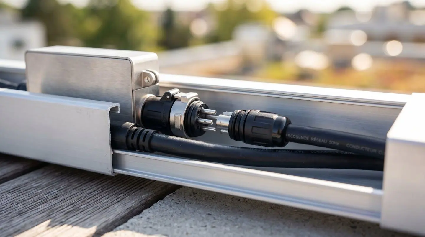 Vue rapprochée d'une connectique de micro-onduleur à l'intérieur d'un chemin de câbles en aluminium avec bornes de connexion et câbles étanches visibles