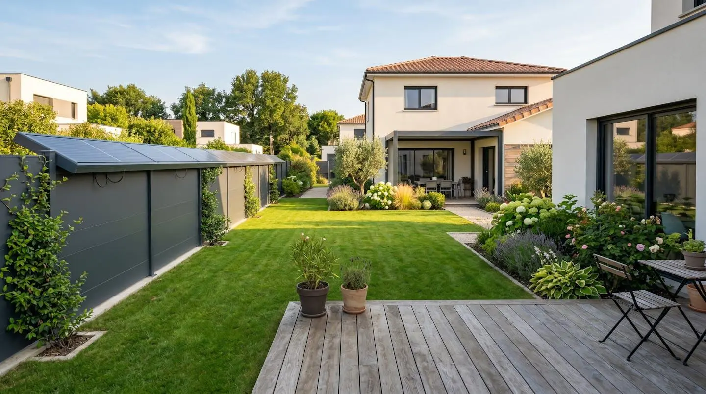 Jardin résidentiel moderne français avec clôture en aluminium intégrant des panneaux solaires sur le côté gauche, pelouse entretenue et terrasse en bois au premier plan