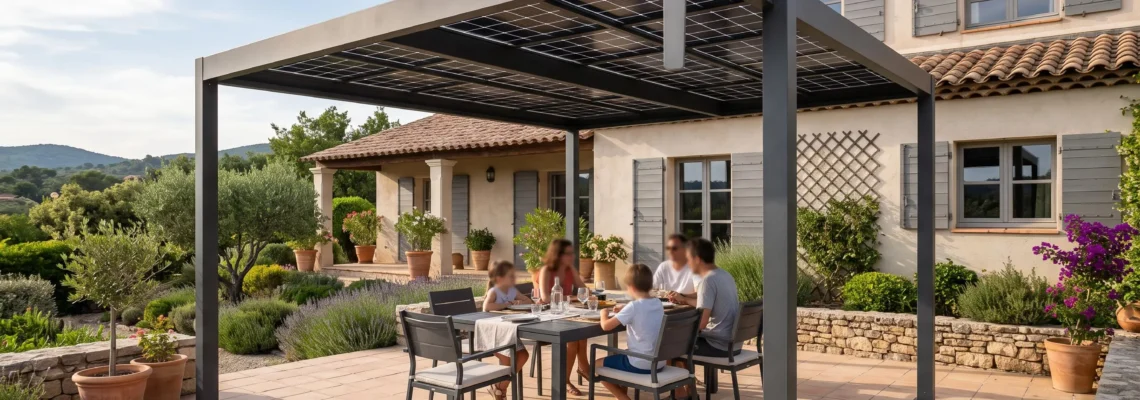 Auvent solaire avec panneaux photovoltaïques anthracite installé sur une terrasse de maison individuelle française, créant un espace repas extérieur ombragé
