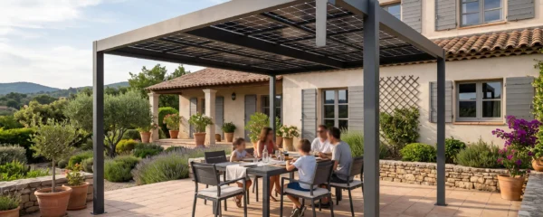 Auvent solaire avec panneaux photovoltaïques anthracite installé sur une terrasse de maison individuelle française, créant un espace repas extérieur ombragé