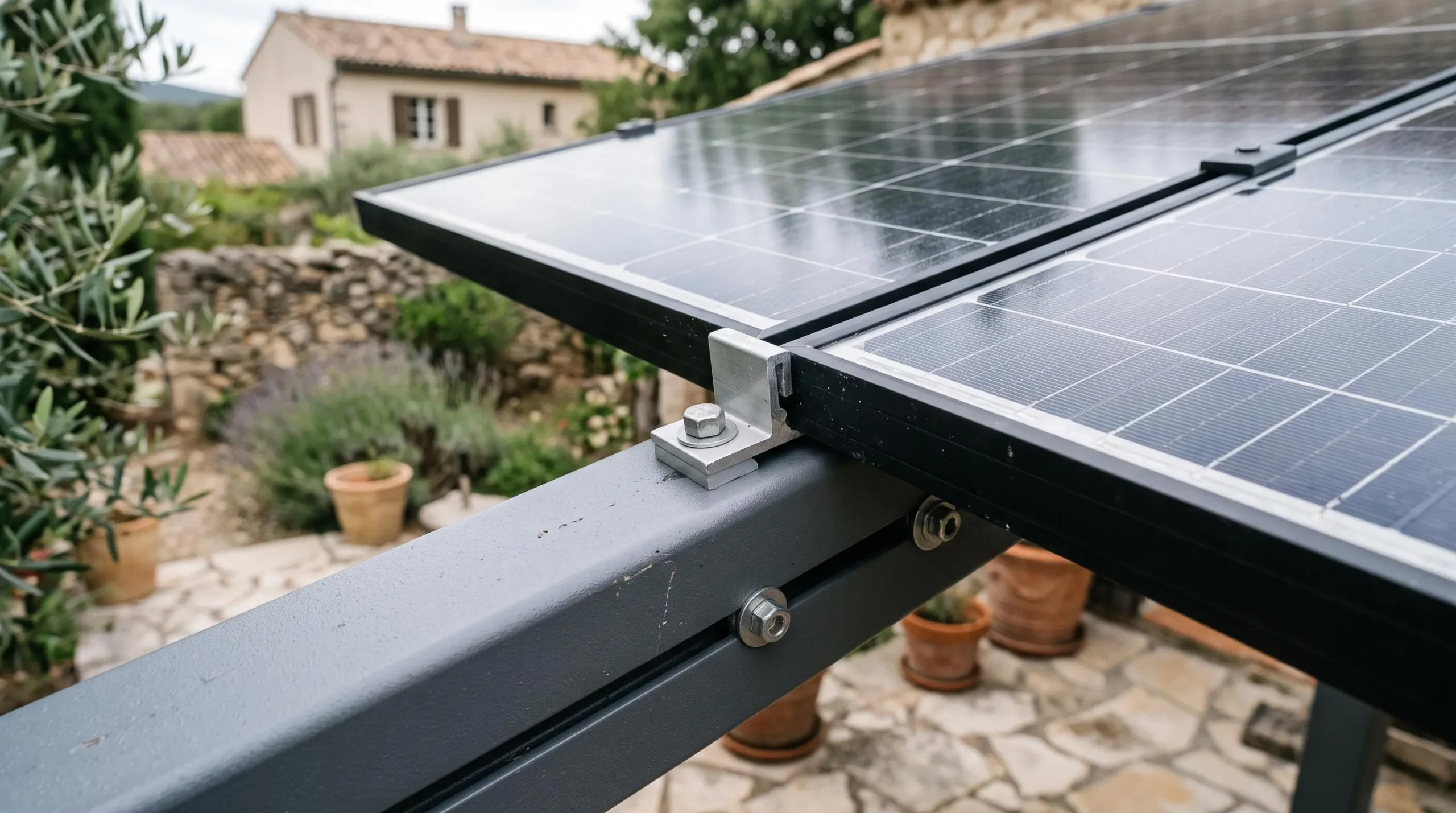 Détail de construction d'un auvent solaire montrant l'intégration des panneaux photovoltaïques dans la structure en aluminium anthracite