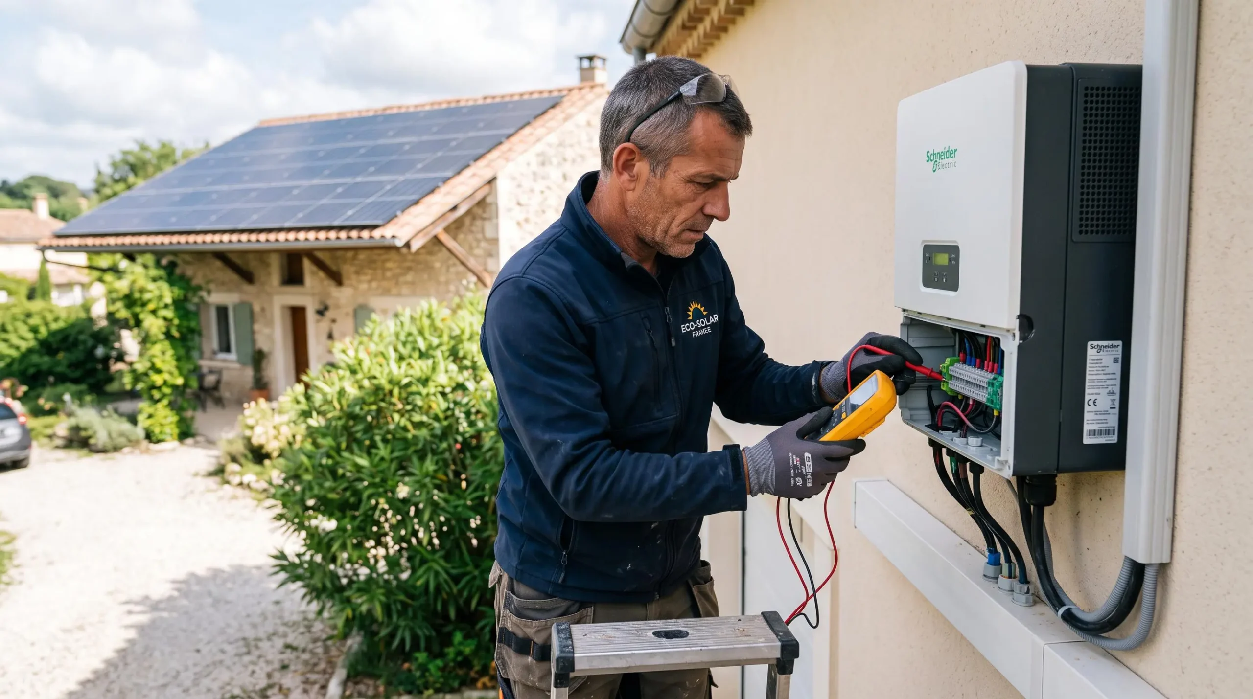 Technicien RGE contrôlant le raccordement électrique d'un onduleur d'auvent solaire sur une installation résidentielle avec multimètre