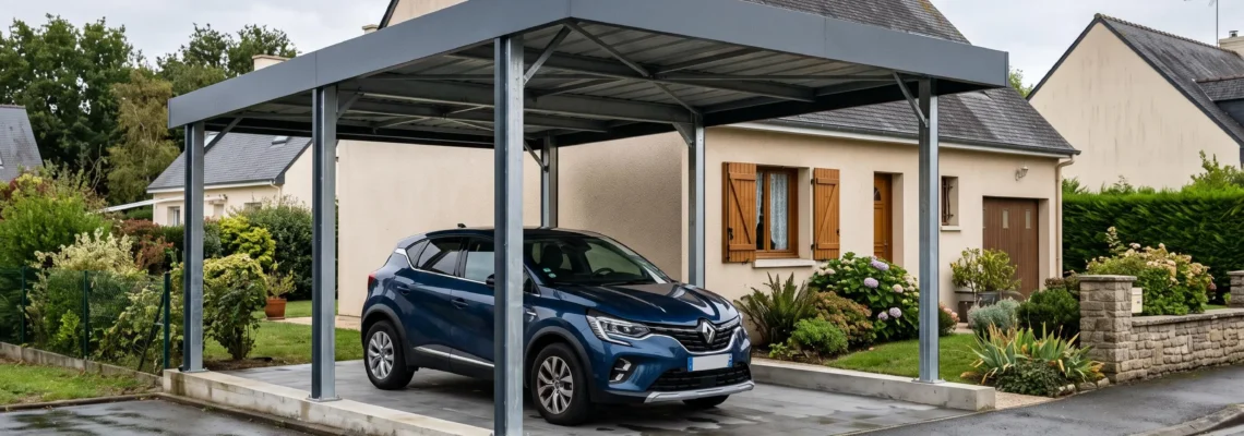 Carport moderne en aluminium abritant une voiture devant une maison individuelle française