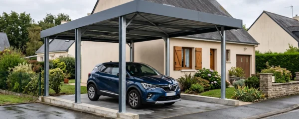 Carport moderne en aluminium abritant une voiture devant une maison individuelle française