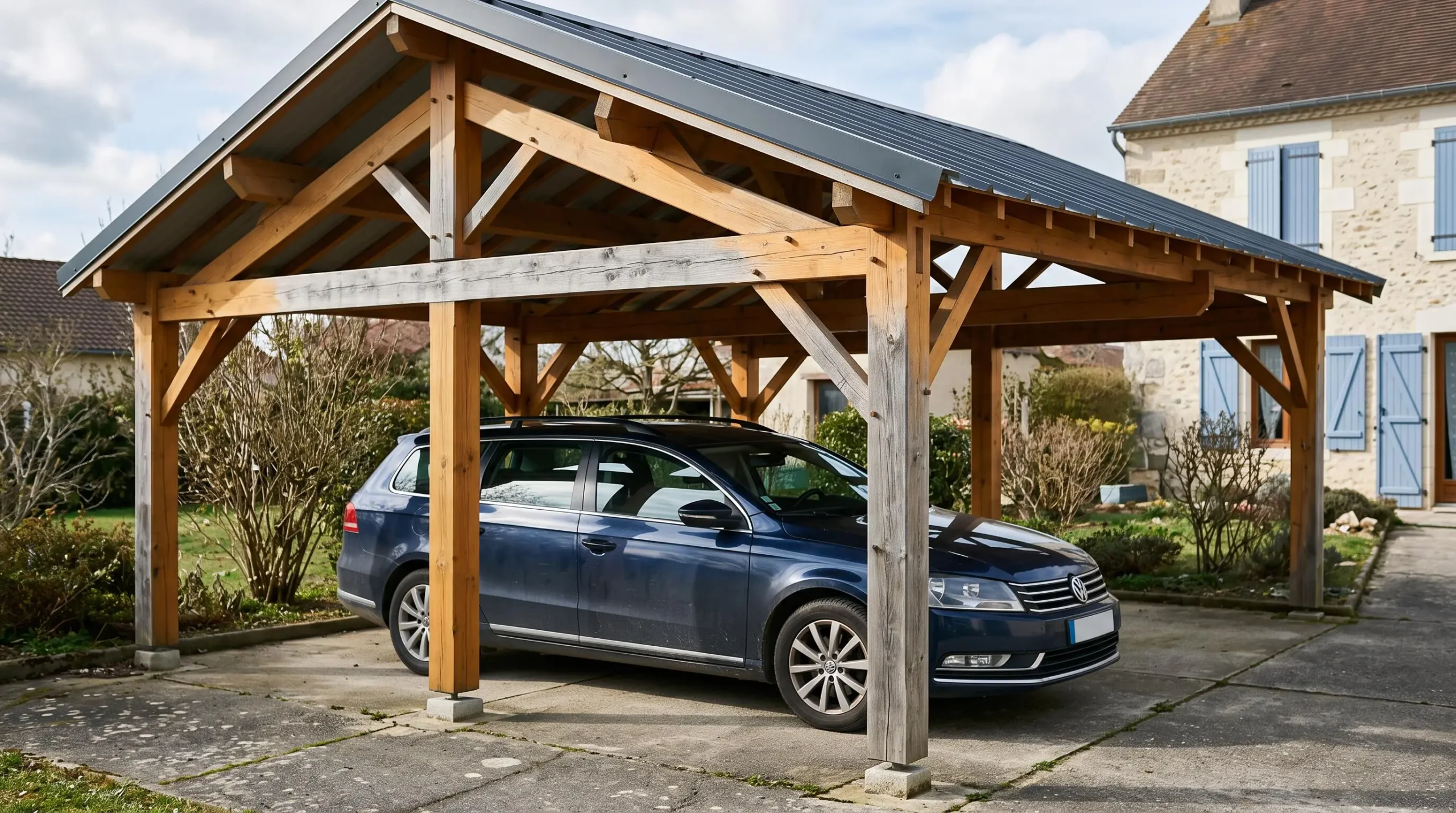 Structure de carport en bois abritant un véhicule avec ventilation naturelle par les côtés ouverts
