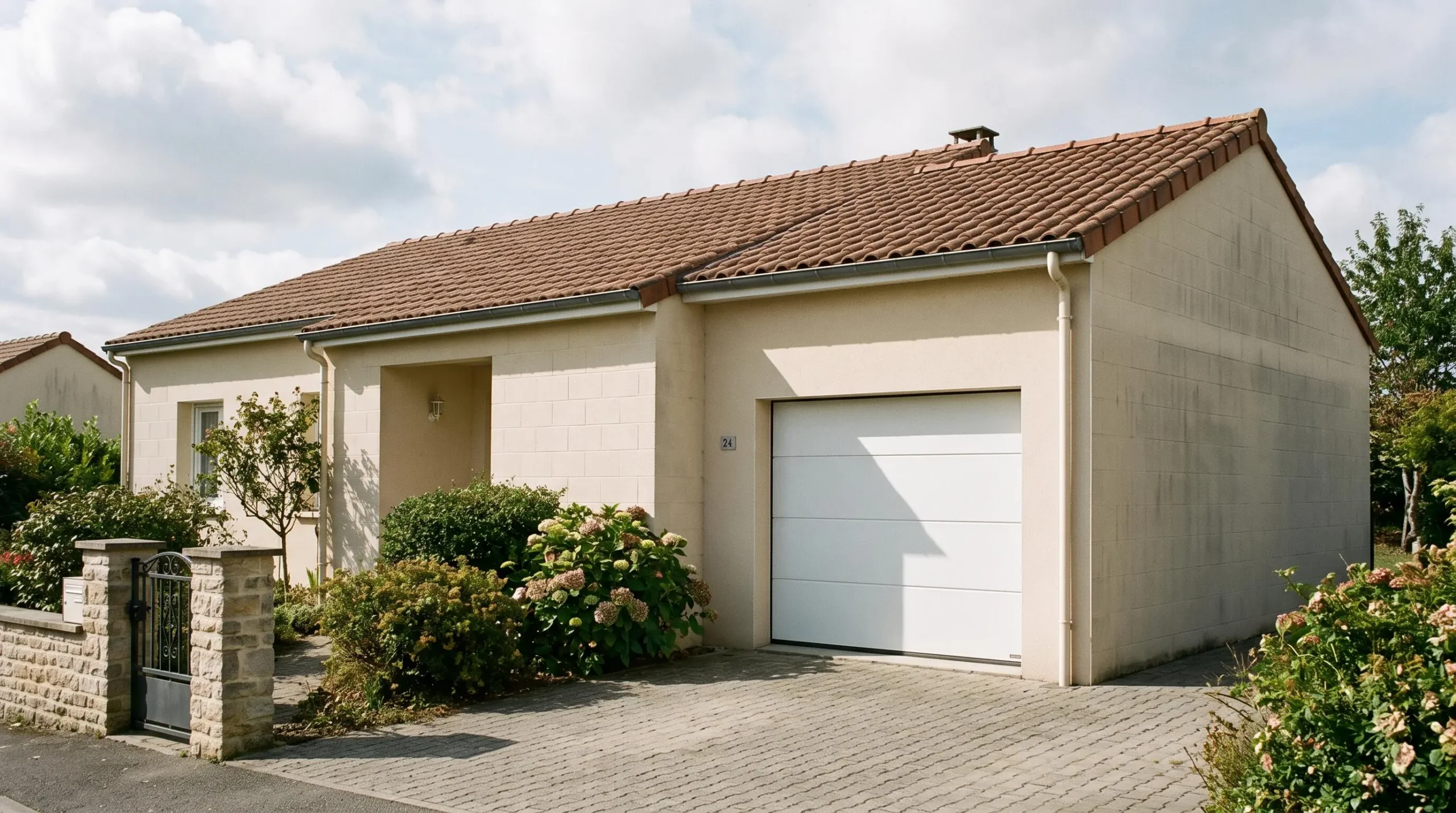 Garage fermé intégré à une maison individuelle avec porte sectionnelle blanche